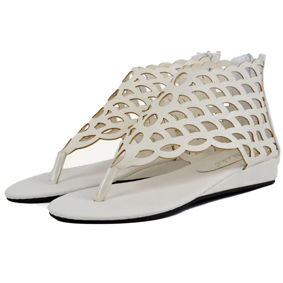 

Roman style fish scale cut out wedges sandals white back zipper low heel designer ladies summer shoes woman flip flops black