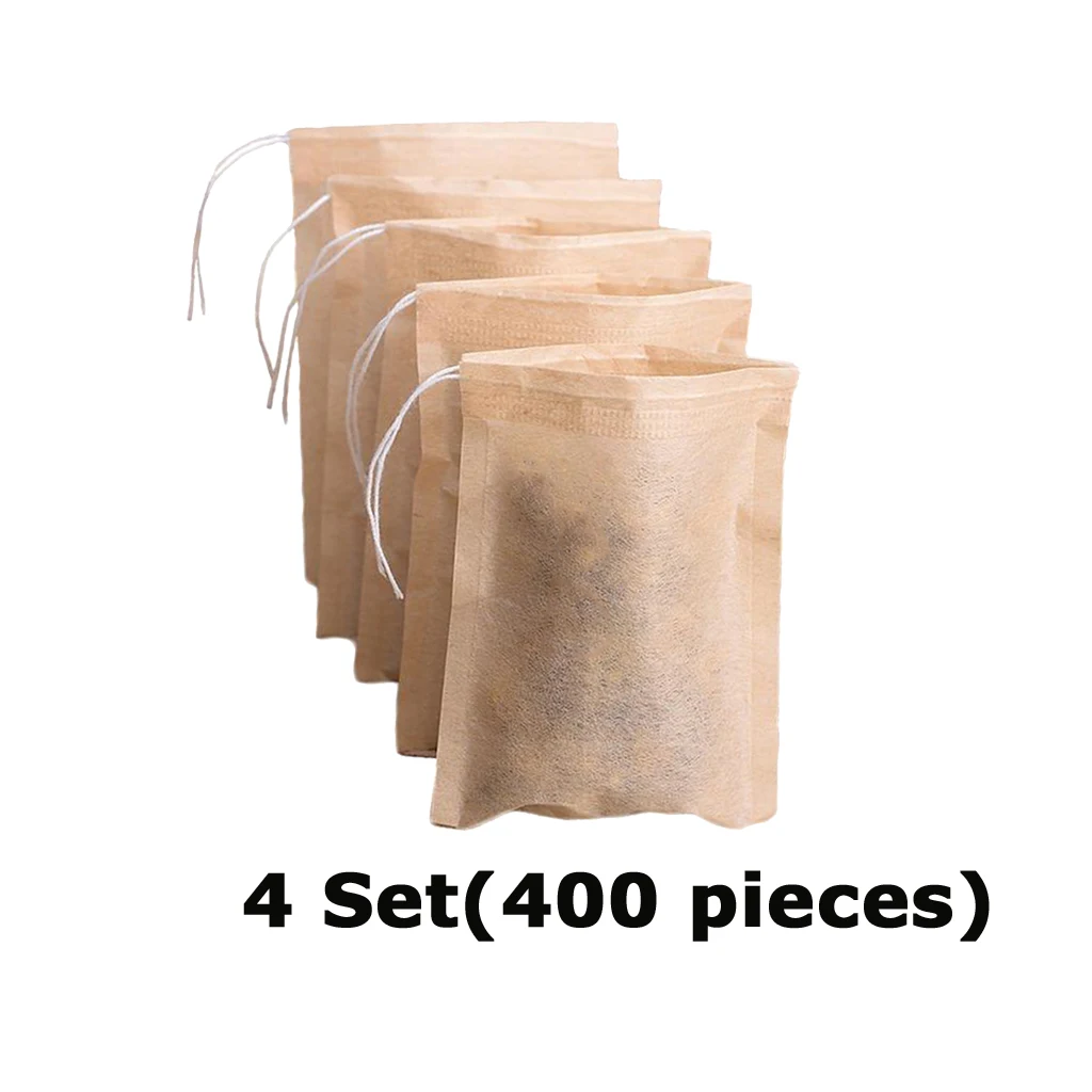 4 Set for 400 Pcs Empty Teabags Tea Filter Bags Disposable Tea Infuser Drawstring Loose Leaf Tea 7x5cm