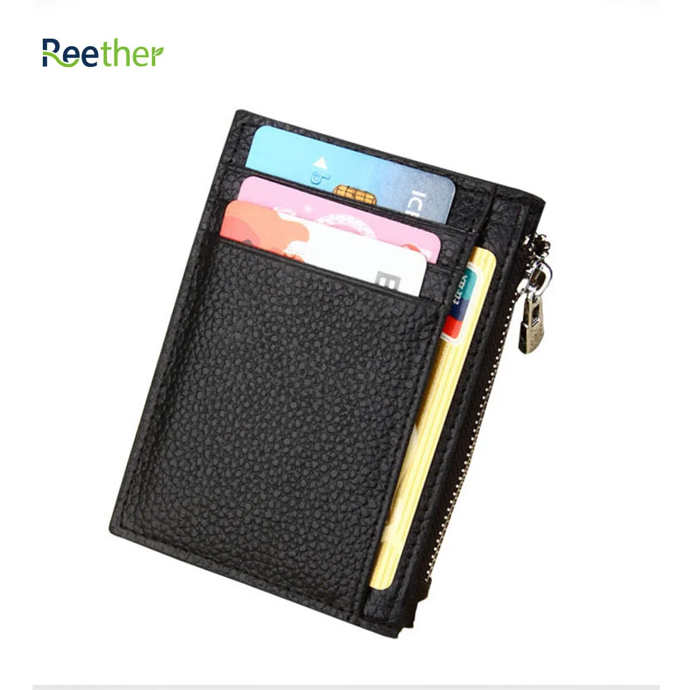 

REETHER Leather Anti-Theft Brush RFID Card Purse Bank Card Holder Wallet Pickup Package Credit Card Bag w/ Zipper