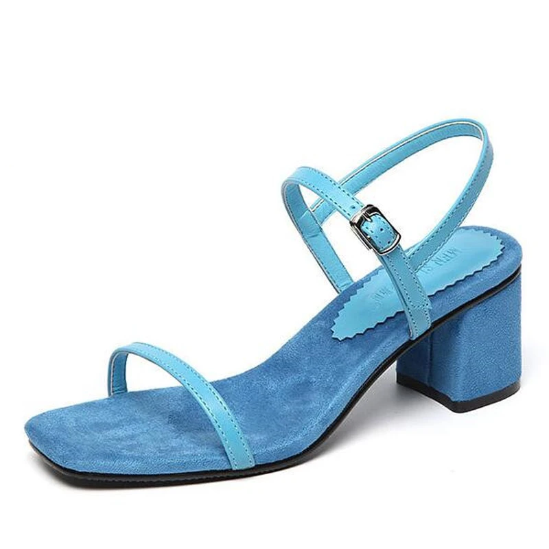 

{D&Henlu} Women's Sandals Slippers Women Open Toe Shoes Thick Heel Flip Flops Ladies Sandals Summer Heels Ankle Strap Blue Shoe