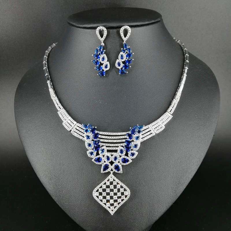 

2019 New fashion Hollow square blue zircon wedding bride banquet dinner dress necklace earring popular jewelry set free shipping
