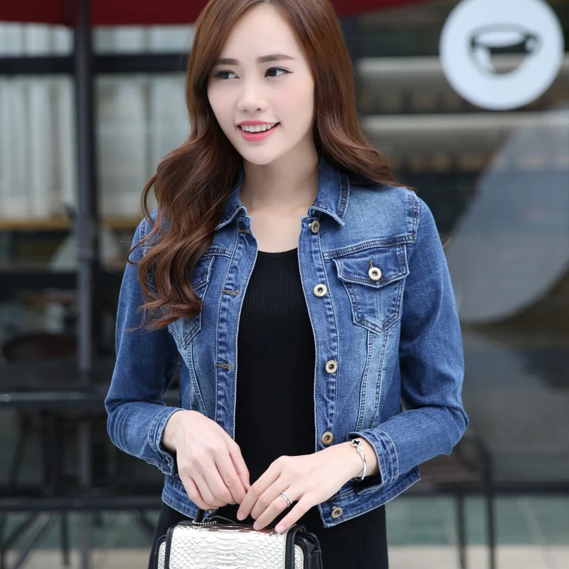Autumn and winter denim outerwear female short design slim all match elastic long sleeve font b