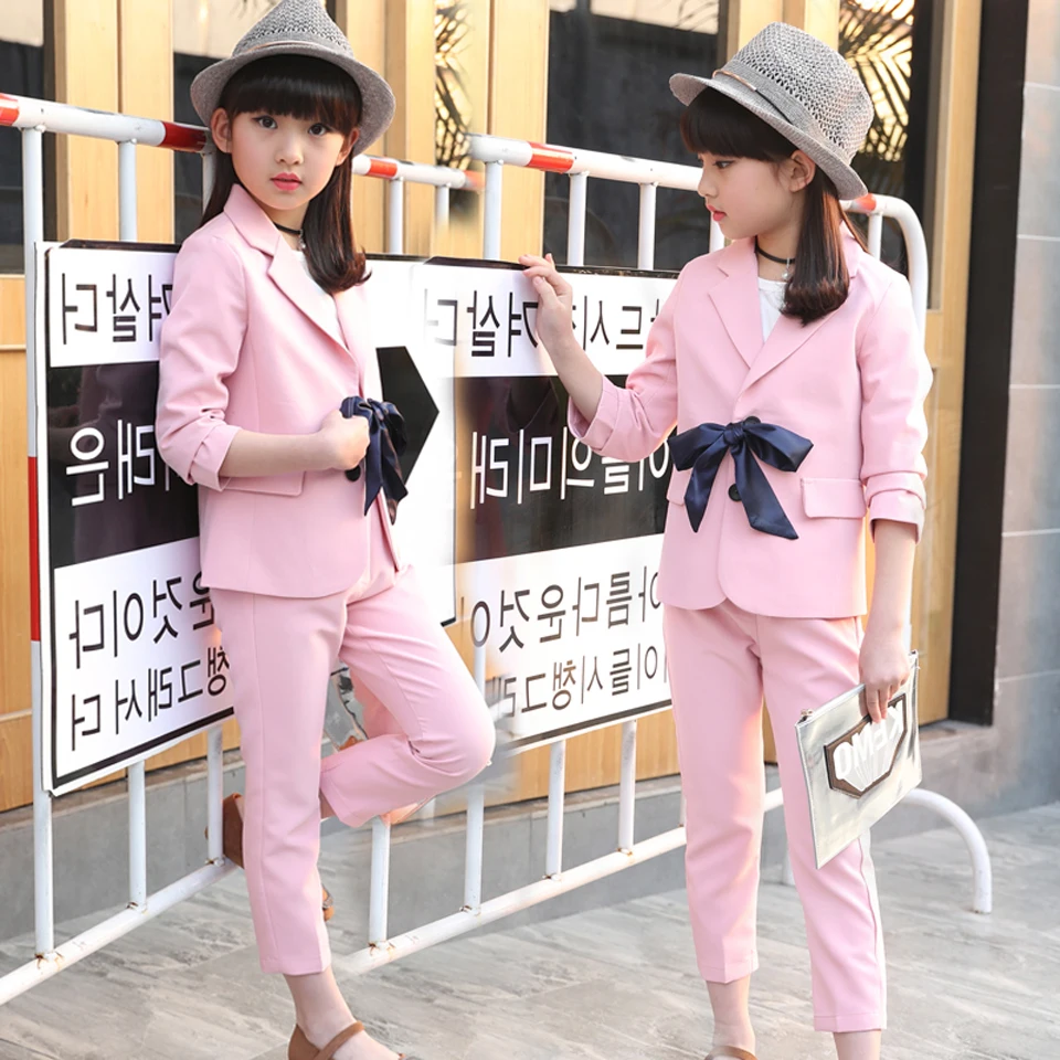 

Girls Clothing Set For Girls 2018 Hot Sale Bowknot Jacket+Pants Big Suit School Kids Teenagers Children Clothes Suit 4-12 Year