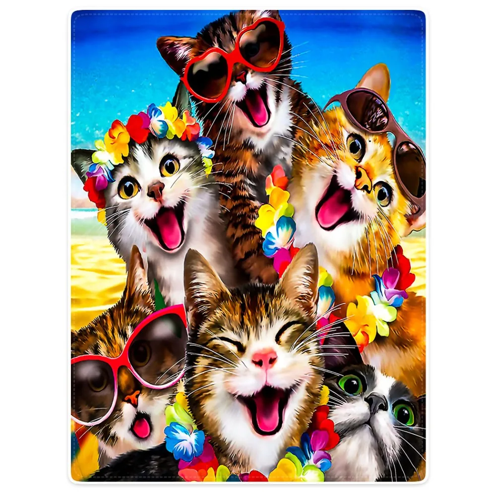 

HommomH Blanket Throw Comfort Warm Soft Plush Throw For Sofa Six Cats Enjoying Vacation By The Sea Tropical Beach Flowers