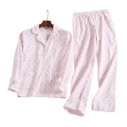 Розовый горошек милые женские пижамные комплекты осень Длинные рукава 100% хлопок щеткой уютное ночное белье женские пижамы