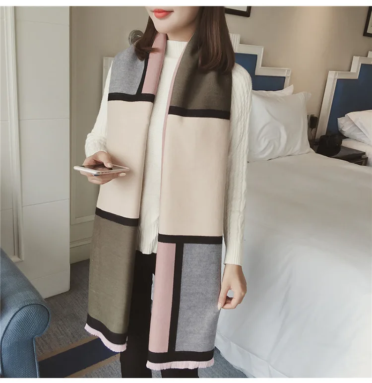 Chanycore Colorblock bow Fashion Winter scarf cashmere pashmina women scarfs Colorblock double-sided warm thick shawl for ladies