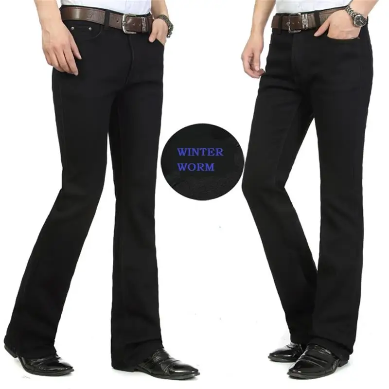 Высокое качество, мужские зимние теплые флисовые цветные черные джинсы, деловые повседневные расклешенные штаны, брюки со средней талией
