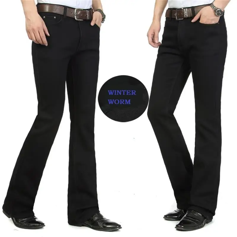 High Quality Men Winter Worm Fleece Color Black Boot Cut Jeans Business Casual Flare Pants Mid Waist Trousers 2