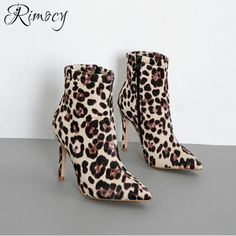 

Rimocy 2019 spring new sexy leopard pumps ankle boots for women pointed roe botines mujer thin heels botas fashion shoes woman