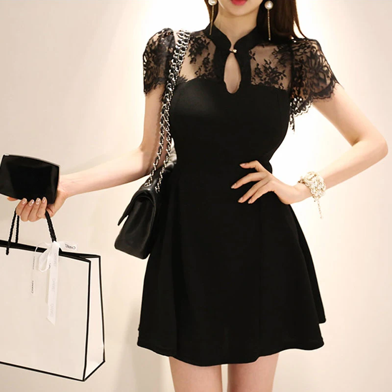 

Elegant Slim Waist Lace Patchwork A-line Black Women Dress Vintage O-neck Hollow-out Female Party Dress 2019