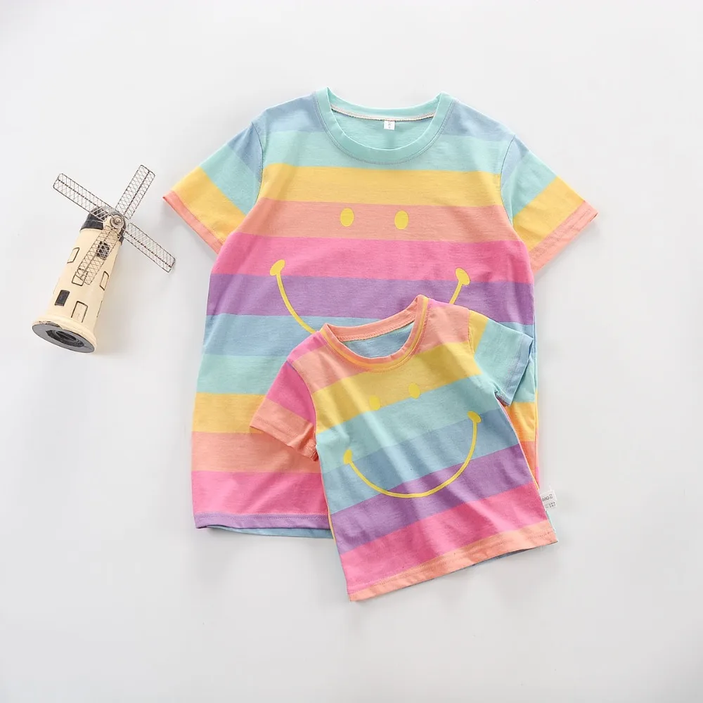 

Summer T-shirt Children Kids Woman Clothing Girls Mother Daughter Family Matching Outfits Clothes Rainbow Smile T-shirts WT265