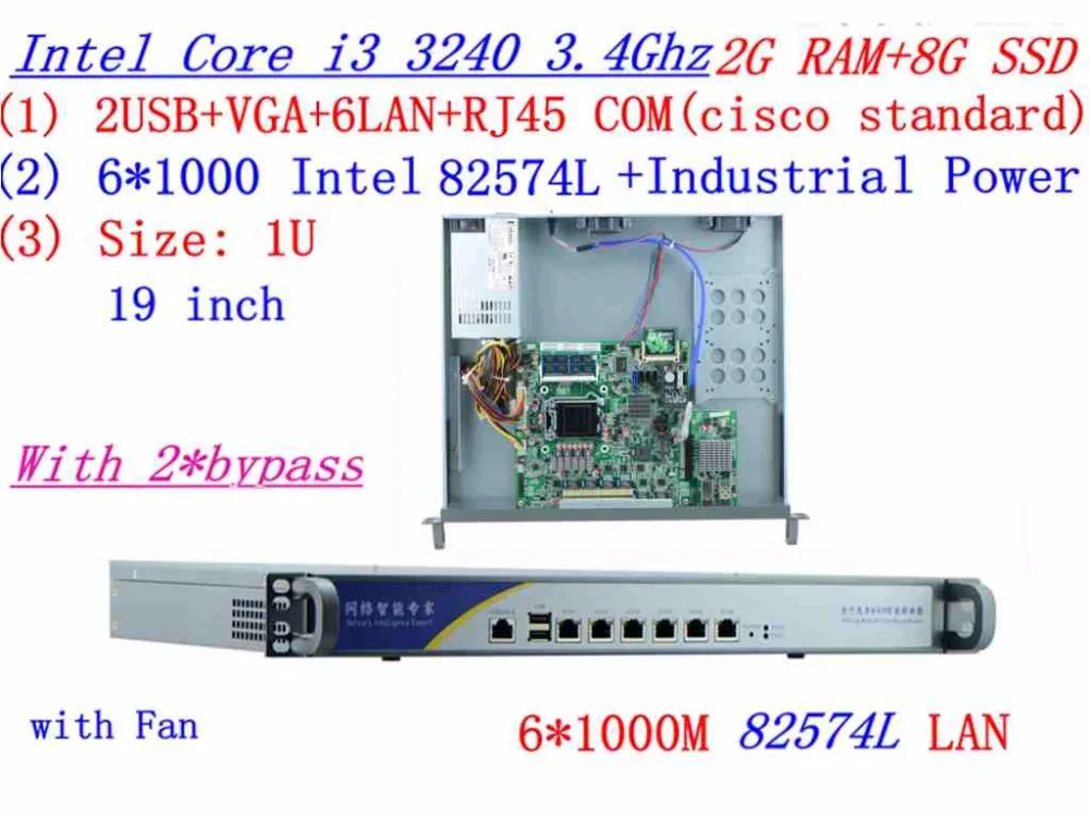 1U сервер межсетевого экрана 2* bypass 2G ram 8G SSD с 6*1000 M 82574L Gigabit core i3 3240 3,4G поддержка ROS Mikrotik Panabit Wayos и т. Д