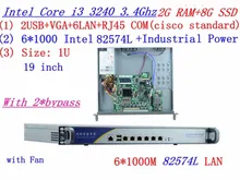 1U firewall server 2*bypass 2G RAM 8G SSD with 6*1000M 82574L Gigabit core i3 3240 3.4G support ROS Mikrotik Panabit Wayos etc