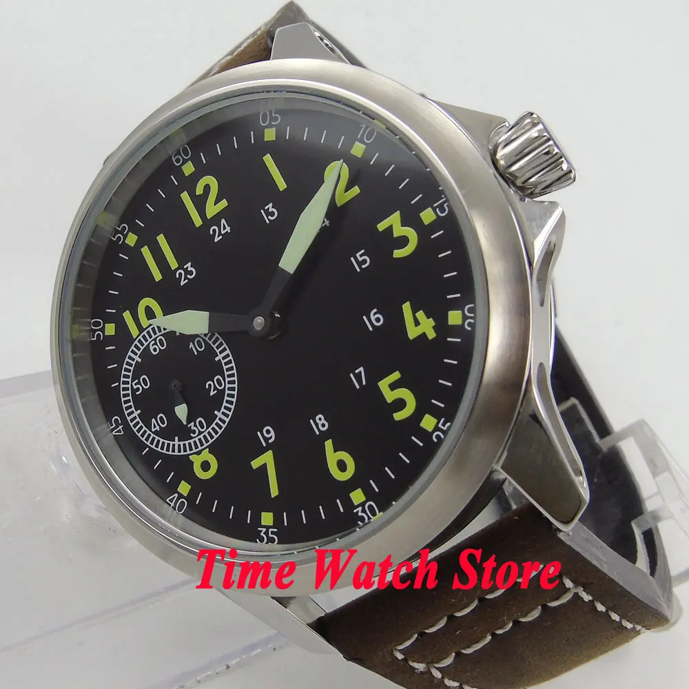 

Corgeut 45mm black dial green marks Luminous ETA 6497 hand winding movement men's watch cor89