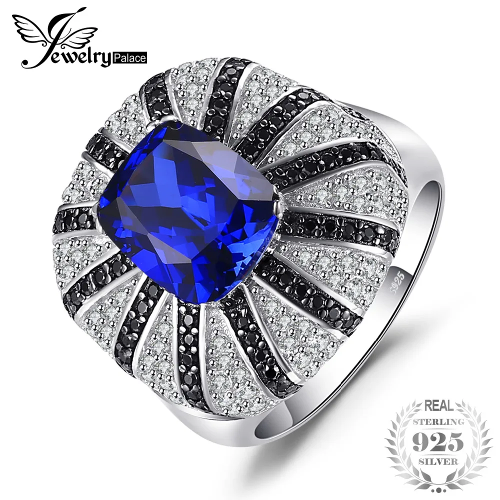 

JewelryPalace Luxury 3.9ct Created Blue Sapphires Natural Black Spinels Cocktail Ring Solid 925 Silver Vintage Jewelry Fashion
