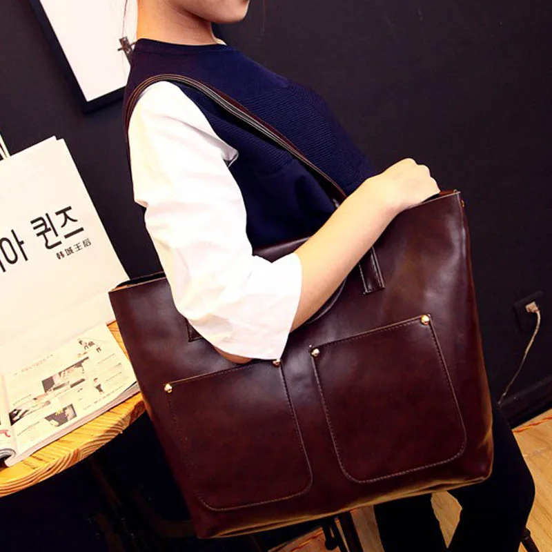 

2019 fashion brief fashion oil skin bag in bag mother bag vintage shoulder bag popular handbag women's