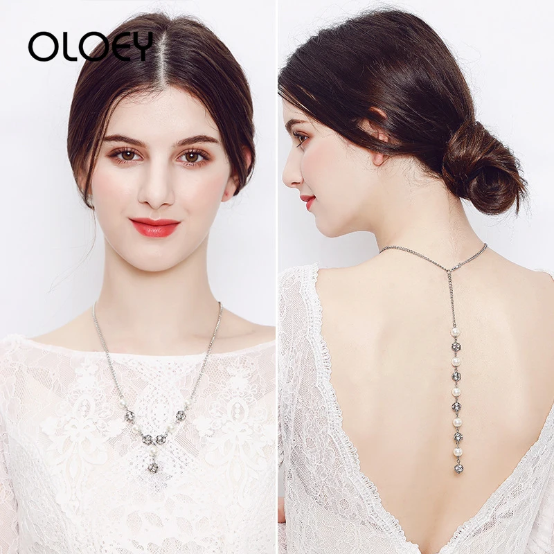 

OLOEY Elegant Women Summer Necklace Handmade Pearl Chains Ornaments Exquisite Long Pendant Necklaces Party Sexy Back Chain Gifts