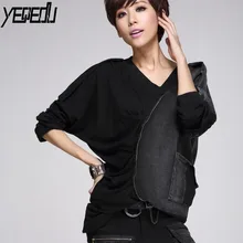 1407 черная Повседневная джинсовая футболка с v-образным вырезом в стиле пэчворк, свободная футболка в стиле хип-хоп с рукавами «летучая мышь», Женская Асимметричная футболка большого размера с длинным рукавом