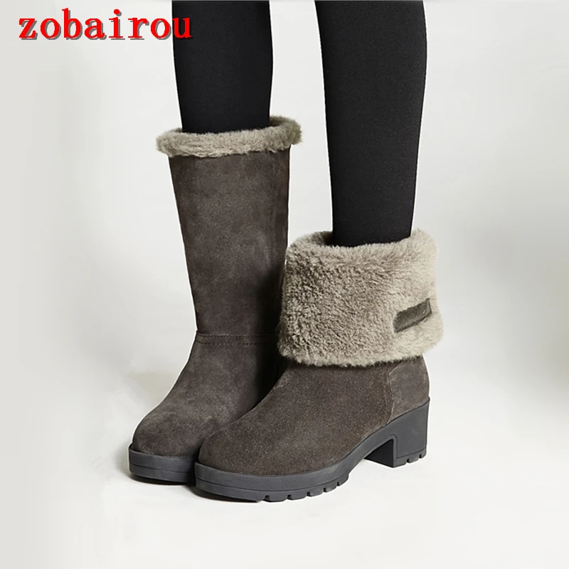 Bout En Hiver Faux Femme Daim veau Bottes Chunky De b Warmy Cuissardes A Hauts Neige Mid Femmes Fourrure Slip On Rond Talons fpxwq4fa