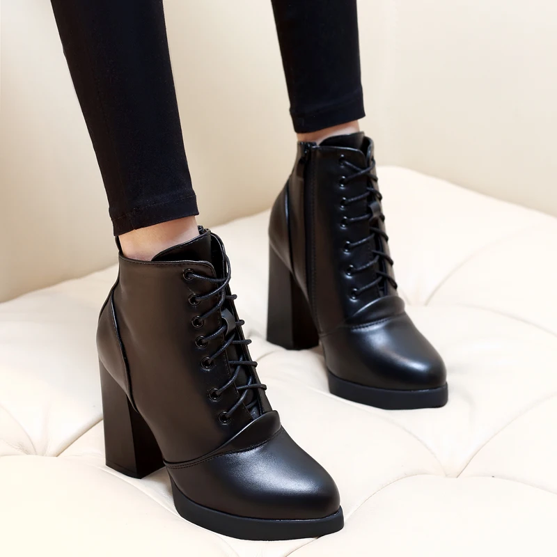 

Womens Lace Up Chunky High Heel Ankle Boots Platform Pointed Toe Casual Shoes Black Side Zipper A313