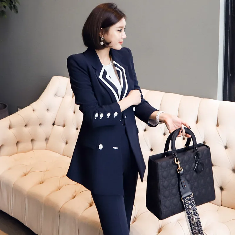 Vintage double-breasted two-piece Set Women Pant Suit Notched  Female Blazer Jacket Pant 2019 Office  Sexy Women Cotton Suits