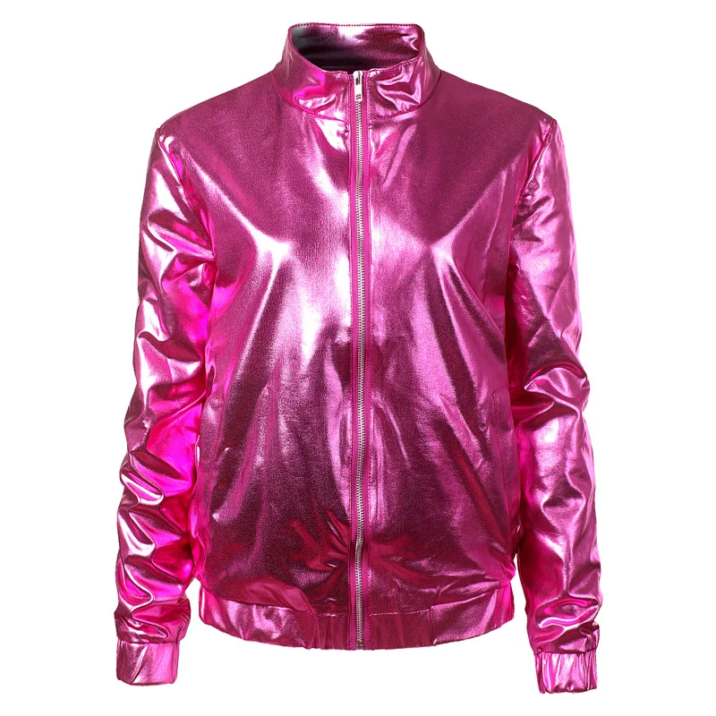 New  Silver Metallic Coated Bomber Jacket Women Shiny Night Club Baseball Varsity Jacket Womens Zipper F