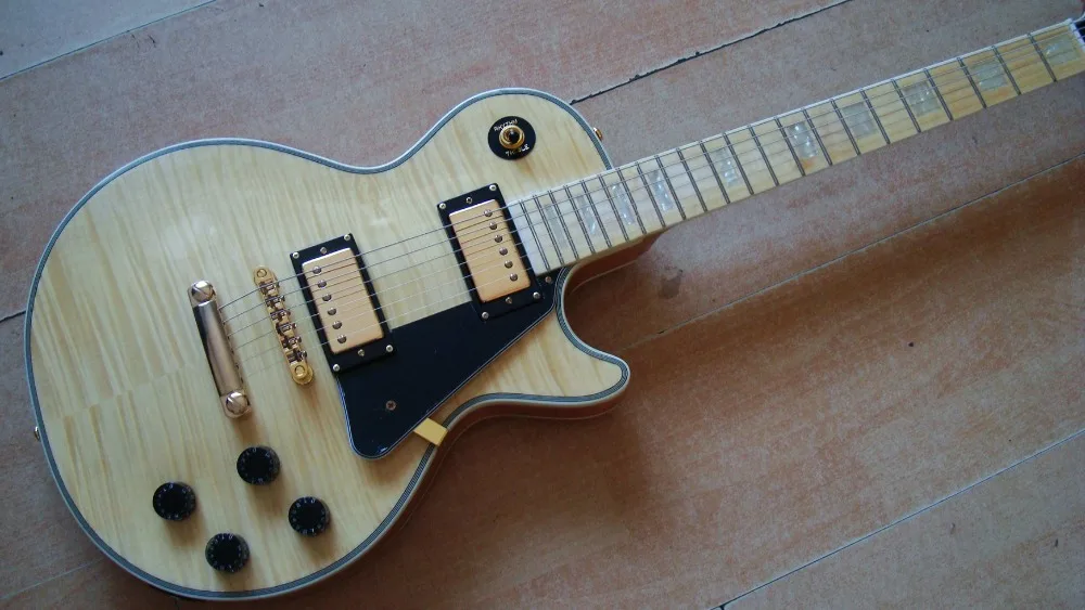 

new natural wood cream flame top electric guitar free shipping golden hardwares Carved Top AAA mohogany tiger stripe quilted top