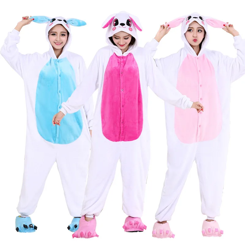 Cheap Rose Rabbit Onesies Adult Kigurumi Bunny Flannel Pajamas One-piece Jumpsuit Pijama Cosplay Party Animal Onesies Halloween (3)