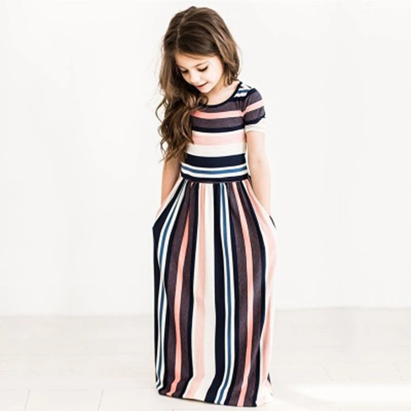 

Striped Long Girl Dress Long Maxi Casual Fashion Baby Dress Beachwear Party Casual Long Dress Kid Clothes