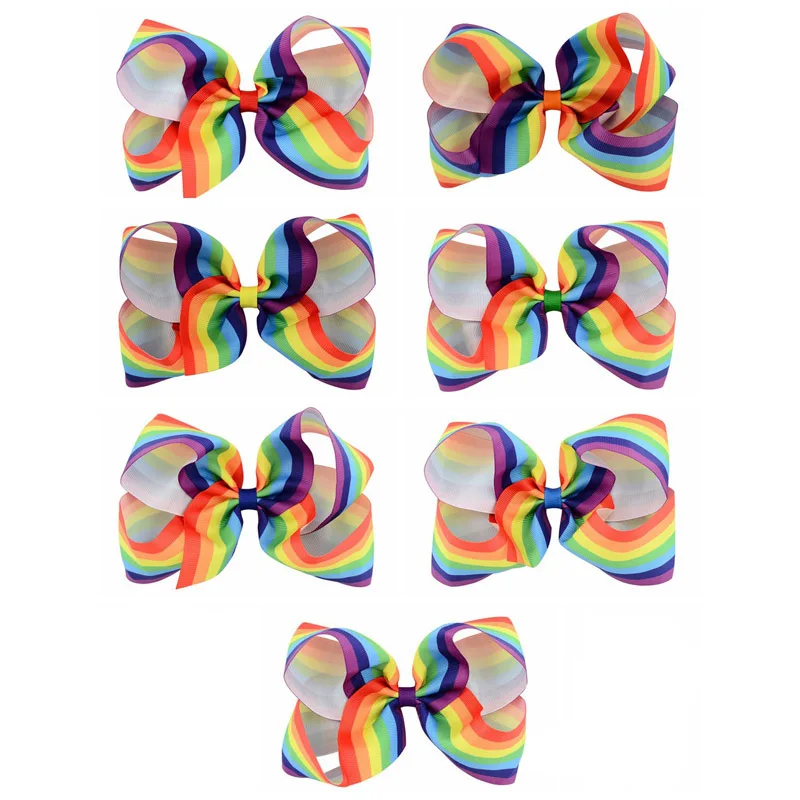 

7Pcs/lot 6" New Fashion Rainbow Ribbon Striped Hair Bows Clips Kids Girls Colorful Hairpins Handmade Children Hair Accessories