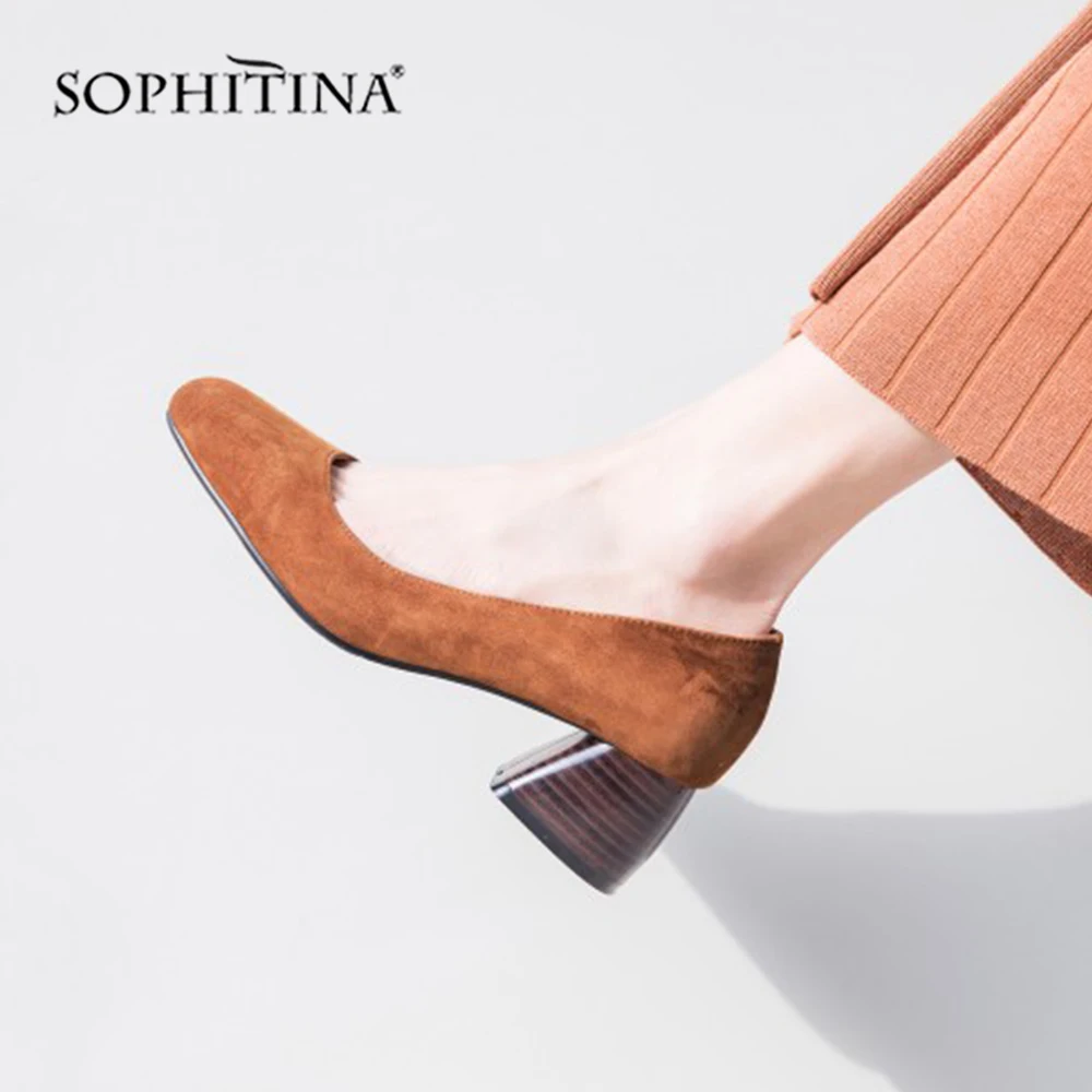 SOPHITINA Shallow Women's Pumps High Quality Kid Suede Med Square Toe Slip-on Shoes Hot Sale Concise Comfortable New Pumps SO108