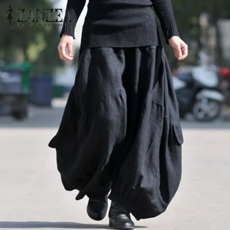 2021 ZANZEA Safari Women High Elastic Waist Lantern Pantalon Loose Baggy Cargo Pants Solid Cotton Linen Long Wide Leg Trousers