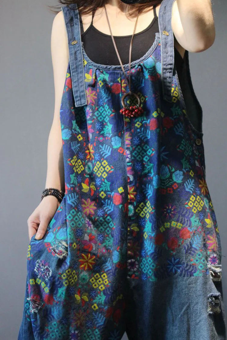 Women Denim Overalls Print Floral Vintage Plus Size Casual flower print Ripped Hole Wide Leg Jumpsuit Ladies Jeans Romper loose Women Denim Overalls Print Floral Vintage Plus Size Casual flower print Ripped Hole Wide Leg Jumpsuit Ladies Jeans Romper loose
