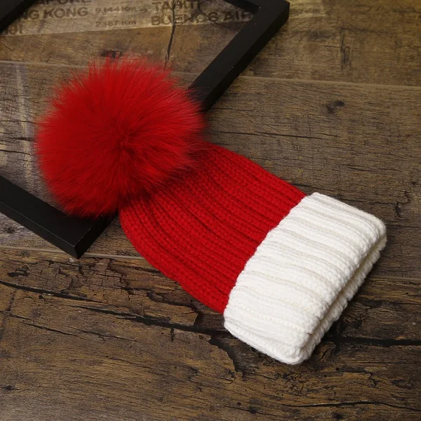 Dreamtach Марка Новые поступления женские лисий мех помпоном вязаная Красочные Cap Hat Женский сплошной шапочки головные уборы рождественских Толстая теплая шапка - Цвет: AB39-4455-RedWhite