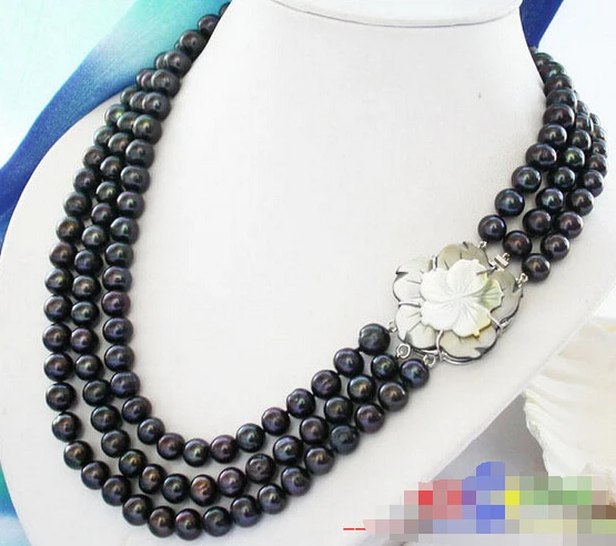

HOT## Wholesale >>>> 3ROW 10mm BLACK ROUND FRESHWATER CULTURED PEARL NECKLACE P2307