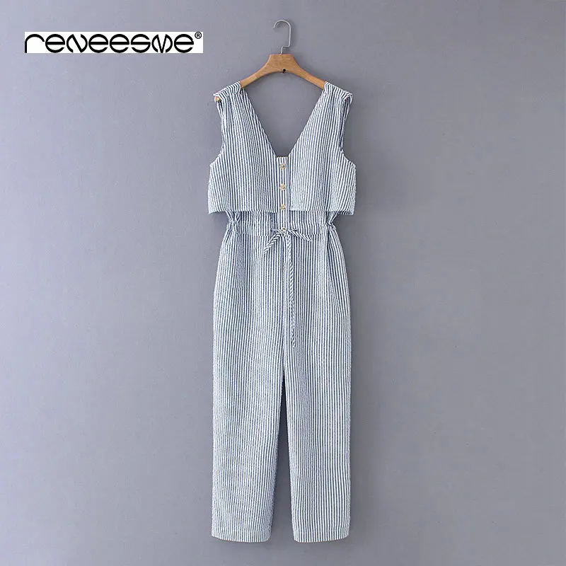 

2019 new summer women jumpsuits striped button lace up full length ladies playsuits sleeveless rompers bow tie casual playsuits