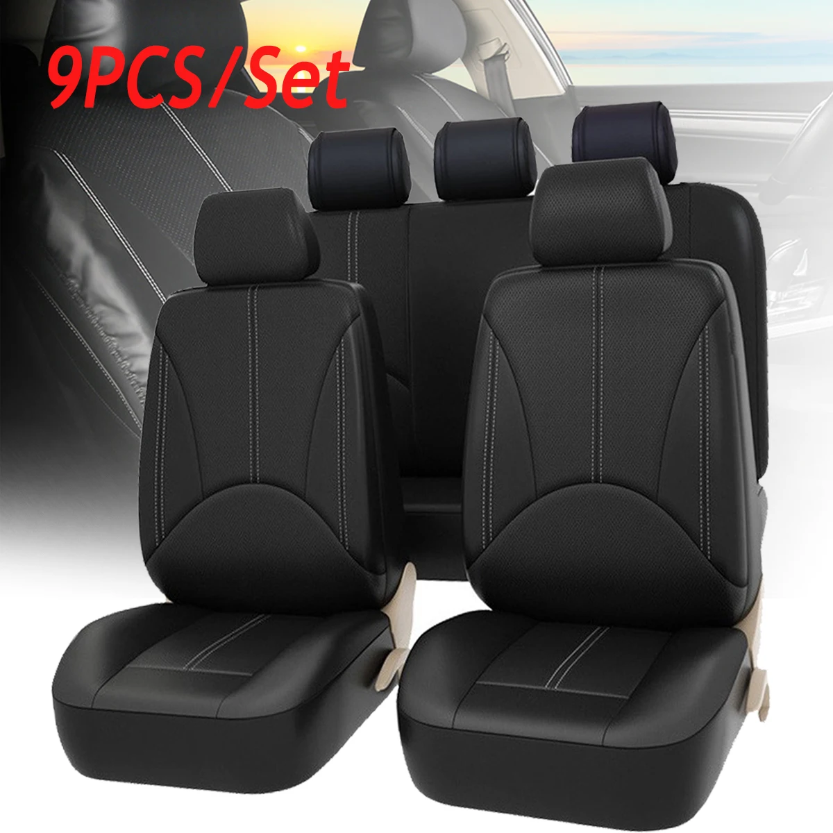 

9pcs Black Luxury PU Leather Auto Universal Car Seat Covers Automotive Seat Covers