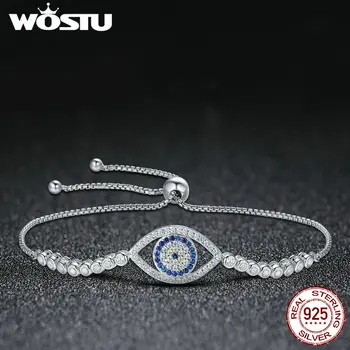 

WOSTU 100% 925 Sterling Silver Clear Cubic Zircon Blue Eye Guardian Chian Link Bracelet for Women Wedding Jewelry Gift BKB034