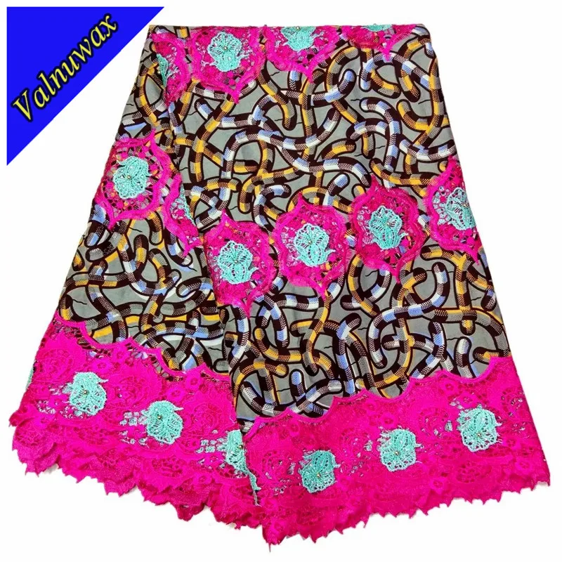 

High Quality Lace Mix Wax Fabric/Hot Sale Embroidery African Wax Lace Ankara Fabric With Rhinestones/ QDLK2422#
