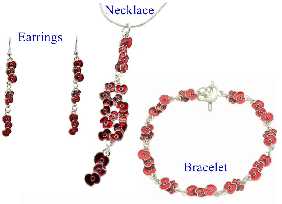 

Red Enameled Group Poppies Flower Necklace Bracelet and Earrings Jewelry Sets Remembrance Day Souvenirs