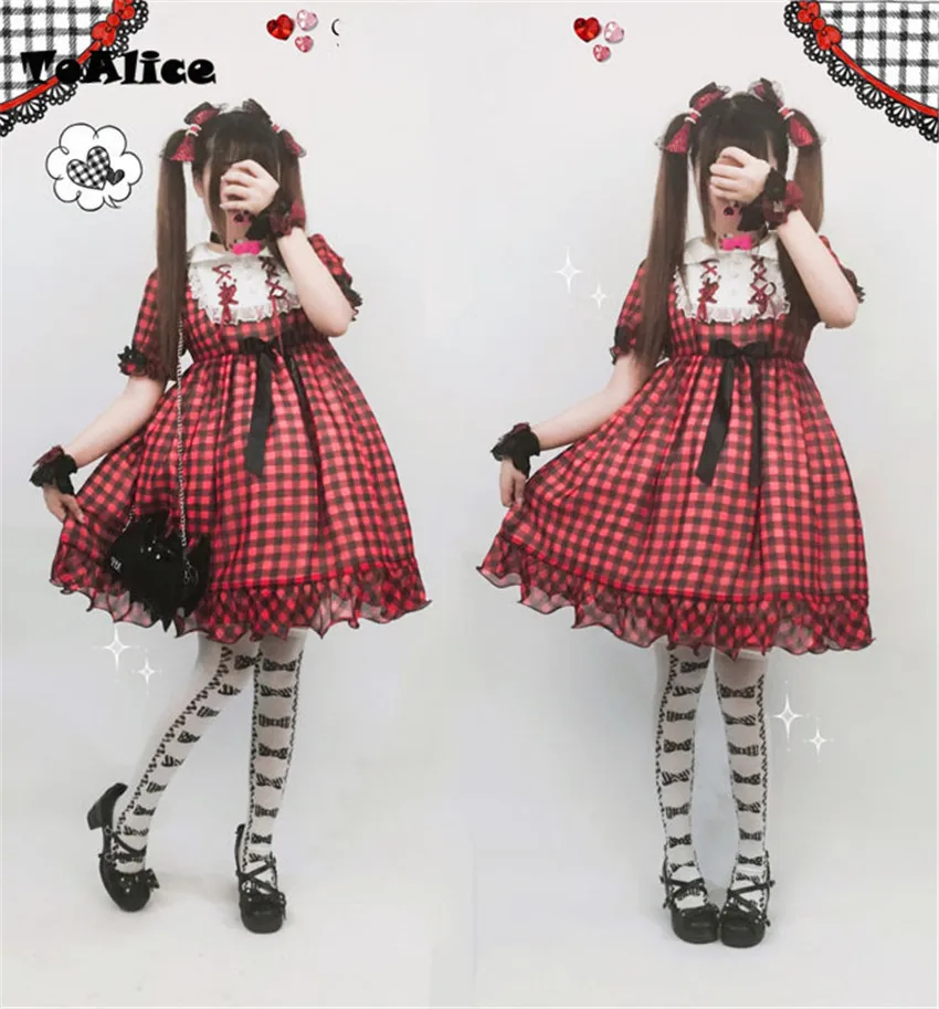 

2018 New Woman Red Plaid Dress Vintage Summer Lolita OP Dress Lace Vestido Peter Pan Collar Ruffles 2018 Women Party Dresses