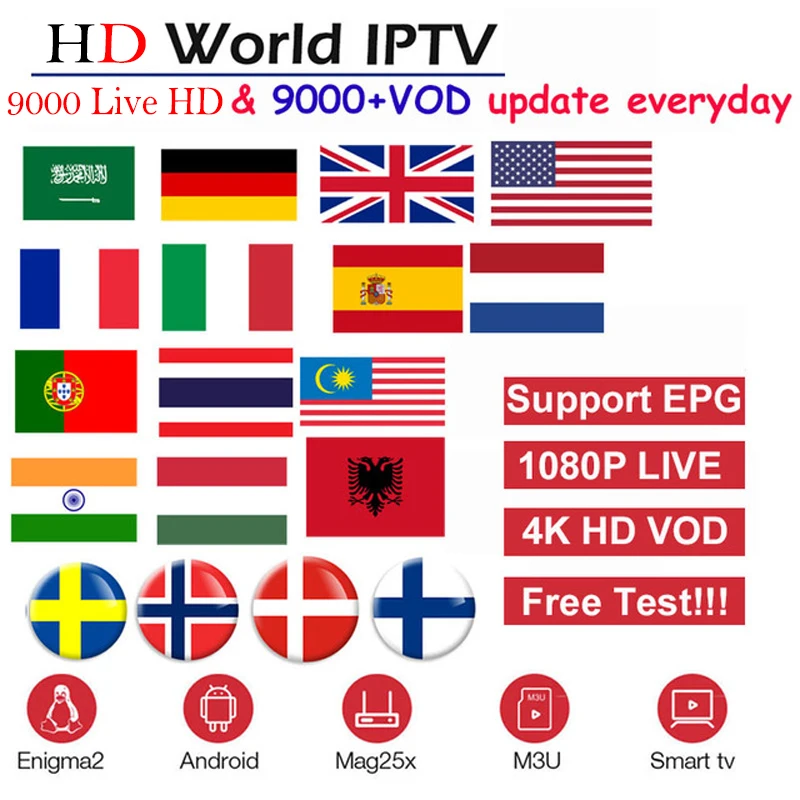 

Full HD World IPTV+9000 Live 9000 VOD Adult 4K Europe Dutch Israel Spain Germany Itlay Arabic USA IPTV subscription Smart TV M3U