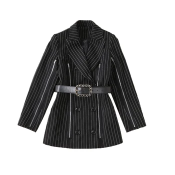 

High quality 2018 autumn and winter new vertical striped suit jacket female zipper decorative double-breasted long-sleeved dress