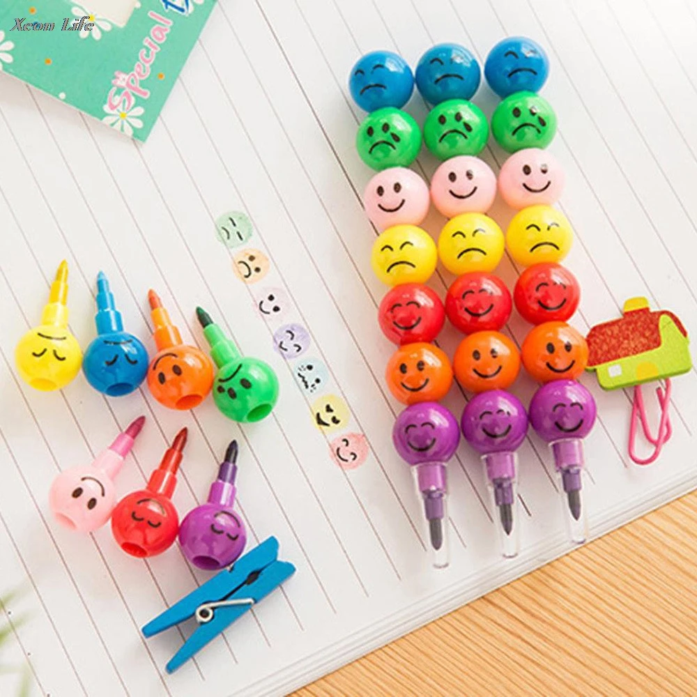 

New 5 PCS 7 Colors Cute Stacker Swap Smile Face Crayons Children Drawing Gift