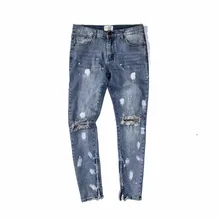 Ripped Knee Holes Vintage Blue Denim Jeans Fear Of God Zippered Leg Opening Slim Fit Spray Paint Biker Jeans