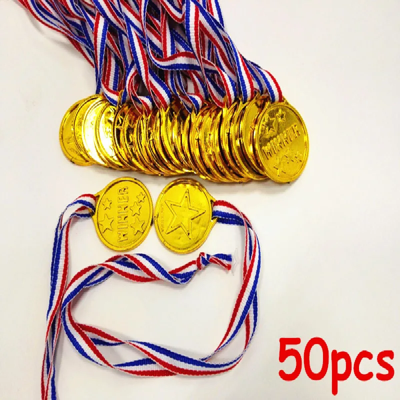 

MrY 50pcs Kids Children Gold Plastic Winners Medals Sports Day Party Bag Prize Awards Toys For Kids Party