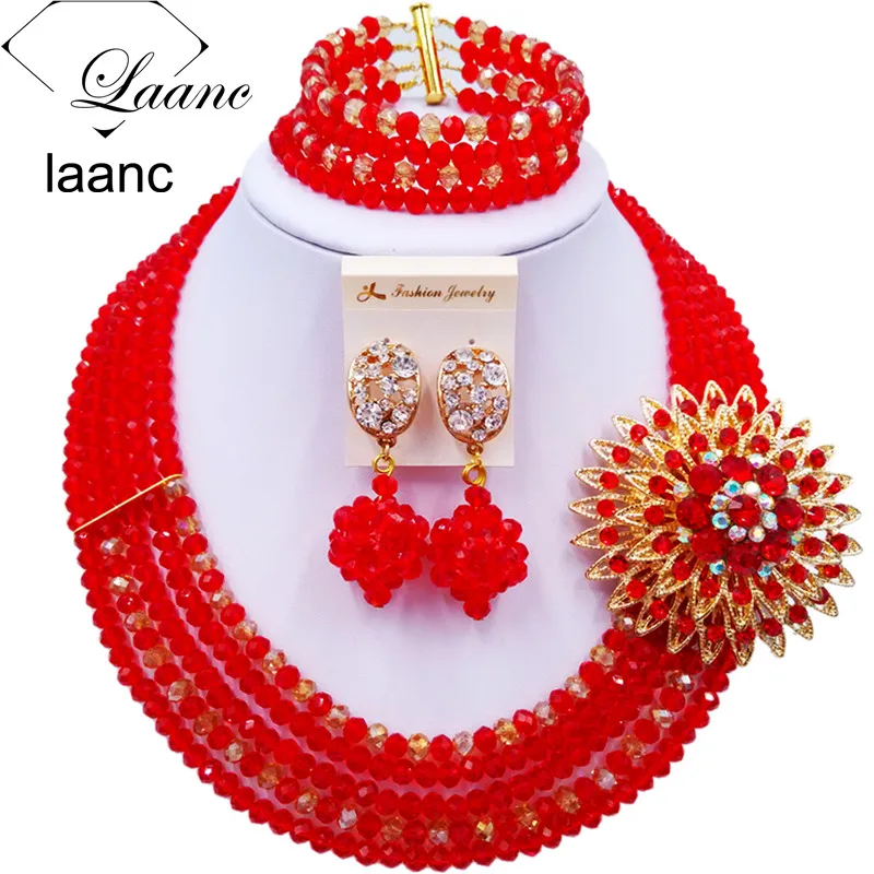 5 Rows Nigerian Necklace African Beads Crystal Wedding Jewelry Sets for Women  (16)