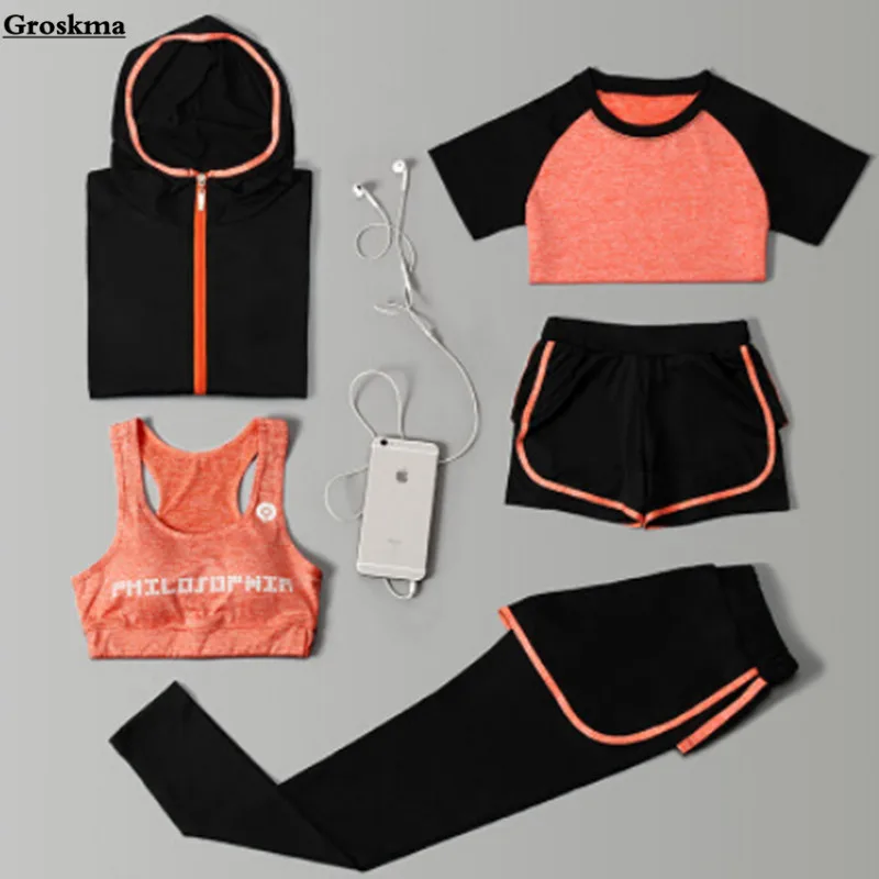 

Outdoor sports running 5 peices set women hooded coats+bra+t shirt+shorts+pants high waist patchwork fitness gym yoga clothing