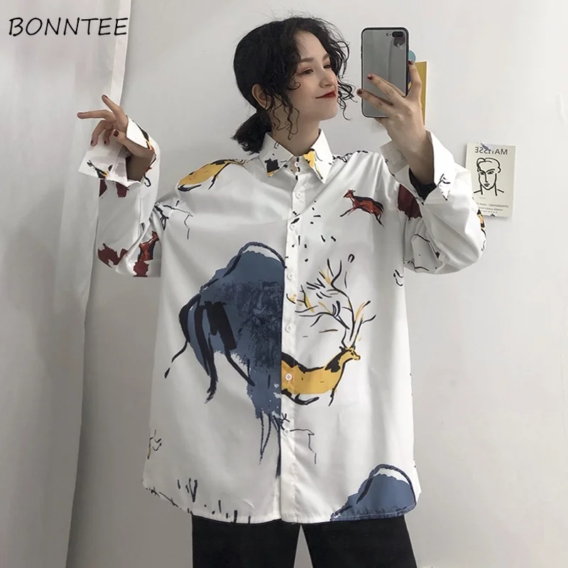 

Shirts Women Turn-down Collar Graffiti Printing Womens Loose All-match White Top Long Sleeve Blouses All-match Leisure Korean