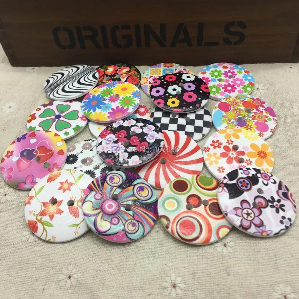 

20pcs 40mm Extra Large Wood Buttons Mixed 2 Holes Round Sewing Painted Flowers Button Embellishments Crafts Scrapbooking